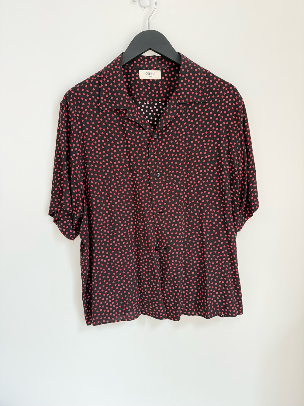 Celine Black Button-Down Shirt with Red Polka Dots